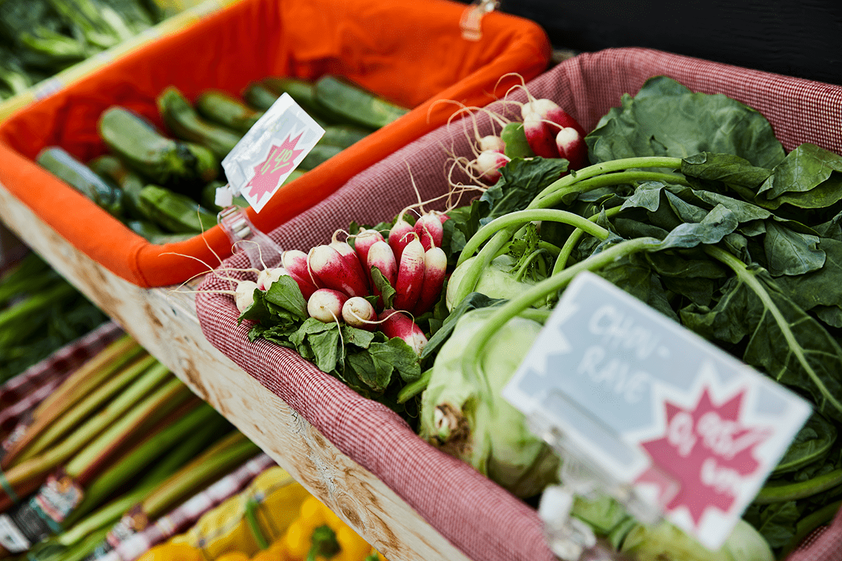 Close-up of a box of radishes